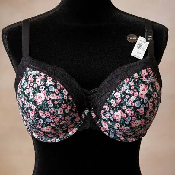 Torrid NWT Rosewood Black Roses Flowers Spring 42DD Bra Plunge Push-Up Coquette - Picture 1 of 8